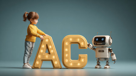 A child in a yellow sweater plays with a friendly robot near large, glowing letters.の素材