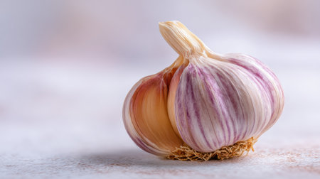 Fresh garlic bulb resting on a smooth surface, highlighting its unique purple and white skin with soft natural lighting.の素材