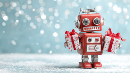 A cheerful vintage robot holds two wrapped gifts against a shimmering blue background with soft bokeh lights.の素材