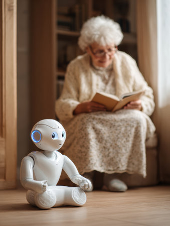 An elderly woman enjoys reading a book in her comfy chair with a small robot quietly observing her nearby.の素材