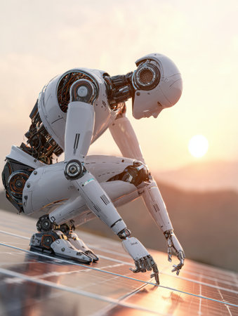 A robot crouches on solar panels, soaking in the sunset, blending technology with nature.の素材