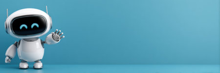 A friendly robot with a smiling face waves cheerfully, set against a bright blue background in a modern design.の素材