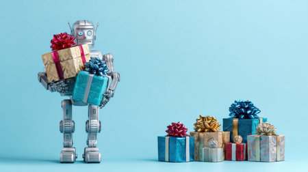 A cheerful robot carries several wrapped gifts while standing beside a pile of presents, creating a joyful atmosphere.の素材