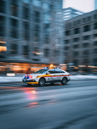 A police vehicle races down a busy urban street, with its lights on, as twilight descends on the city scene.の素材