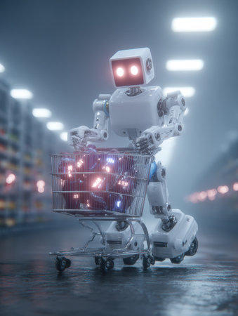 A robot navigates a bright store aisle with a cart full of colorful items in a modern setting.の素材