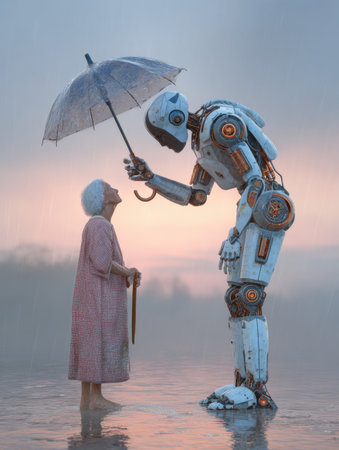 At dawn, a robot shields an elderly woman with an umbrella, showcasing a tender bond between tech and humanity.の素材