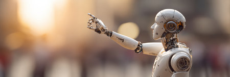 A humanoid robot gestures to the horizon as people stroll by, showcasing tech and societal innovation at dusk.の素材