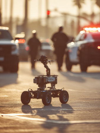 A robot vehicle explores a busy city street as police officers respond to an incident during sunset.の素材