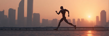 A humanoid robot runs along a pathway, silhouetted against the orange sunrise and tall urban buildings.の素材