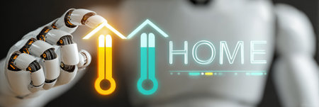 A robotic hand interacts with a digital display to control home temperature, with arrows for settings.の素材