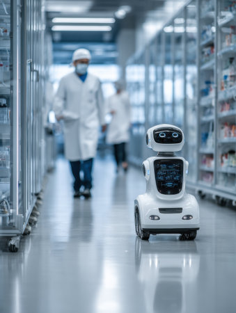 A white robot travels down a shiny hallway. Scientists in lab coats are in the background. Shelves line the walls.の素材