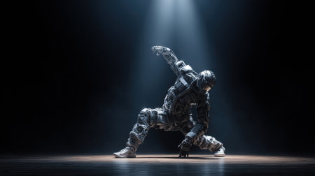 A robot dancer impresses with moves on stage, spotlighting its sleek design in a dark room.の素材