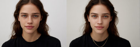 A young woman shows her natural features, contrasting a raw and enhanced look in a bright studio.の素材