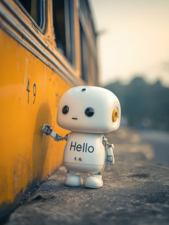 A small robot with a friendly expression stands next to a yellow bus, as the sun sets in an urban landscape.の素材