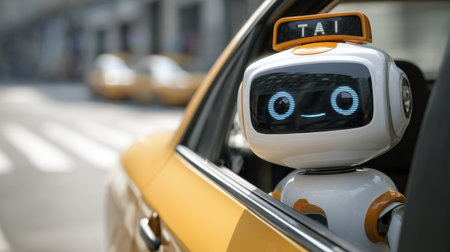A friendly robot is seen in a yellow taxi, ready to greet passengers on a bustling city street filled with taxis.の素材