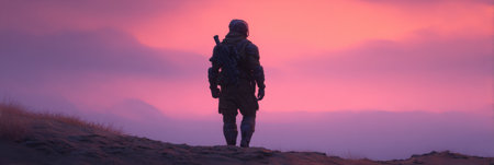 A lone figure in a survival suit gazes at a stunning sunset over rolling dunes in an alien landscape filled with wonder.の素材