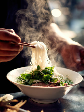 A chef stirs steaming noodles using chopsticks, surrounded by fresh herbs, in a lively kitchen atmosphere.の素材