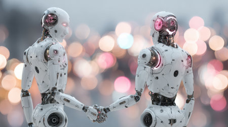 Two humanoid robots with intricate designs shake hands. Bokeh lights provide a backdrop to the exchange.の素材