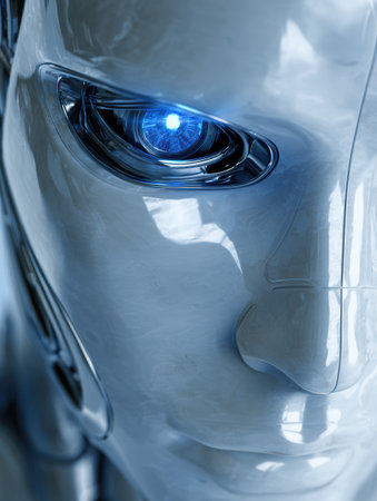 Close-up of a robotic face, showcasing detailed structure and a glowing blue eye indicating advanced tech.の素材