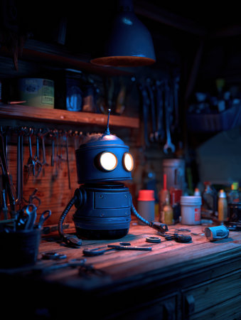 A small robot stands on a wooden workbench, illuminated by a warm light, with various tools and bottles around it.の素材