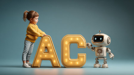 Child in a cozy sweater engages with a friendly robot next to glowing letters, creating a joyful and imaginative scene.の素材