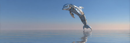 A robotic dolphin leaps over calm water at dawn, showing the harmony of technology and nature.の素材