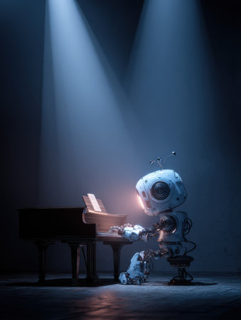 A small robot plays the piano under spotlights, musical notes seemingly emanate from the keyboard.の素材