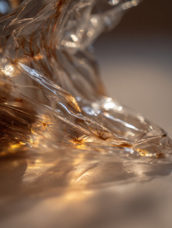 Plastic wrap shines in soft afternoon light, casting delicate shadows and showing its textures.の素材