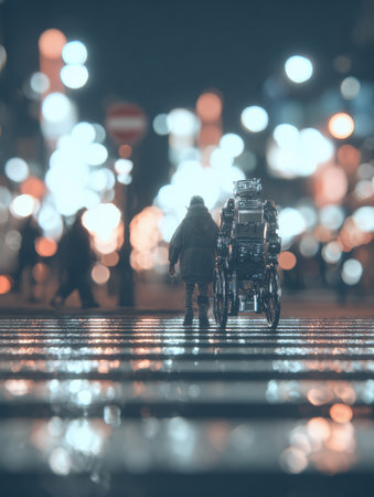 A person and a robot cross a wet city street at night. Bokeh lights reflect on the ground.の素材