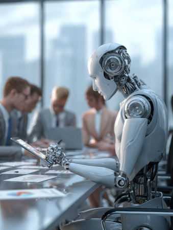 A humanoid robot engages with a device as professionals collaborate in a bright office.の素材