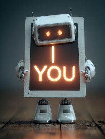 A charming robot stands on a wooden floor, displaying a sign that says I love you, illuminated by soft warm light.の素材