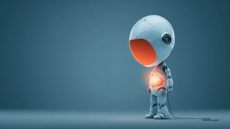 A robot with a glowing core stands against a plain background, showing its unique design and tech features.の素材
