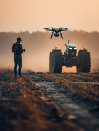 A farmer operates a drone while a tractor works the field at twilight, creating a modern agricultural scene.の素材