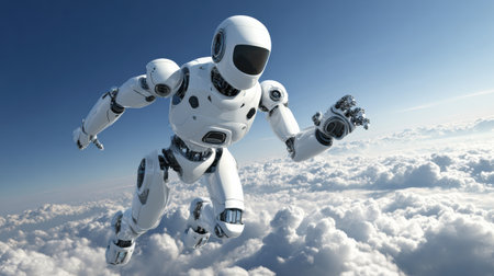 A futuristic robot is flying high above fluffy clouds on a sunny day, demonstrating advanced technology and mobility.の素材