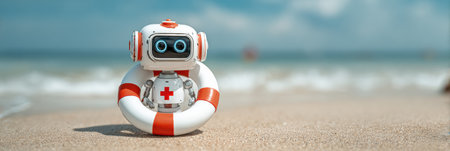 A small rescue robot stands on the beach, ready to help visitors enjoy a safe day by the ocean.の素材