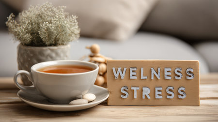 A calming scene shows a tea cup on a wood table, with a plant and a wellness sign to reduce stress.の素材