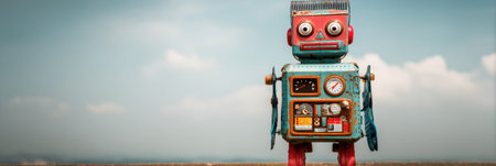 A colorful, vintage robot stands against a clear sky, showing its playful design and nostalgic charm.の素材