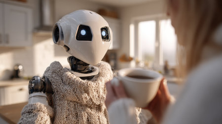 A humanoid robot with a friendly appearance interacts with a person holding a cup of coffee in a bright kitchen.の素材