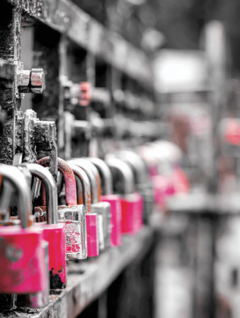 Locks in various shades adorn a rusty fence, capturing the essence of memories and commitments in an urban setting.の素材