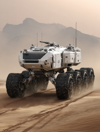 A futuristic rover explores a dusty desert landscape, highlighting advanced exploration technology.の素材