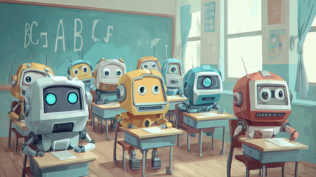A group of colorful robots sits at desks in a classroom, focused on their lessons with a blackboard in the background.の素材