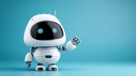 A friendly robot stands on a turquoise background, waving enthusiastically.の素材