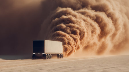 A truck navigates through a dense dust storm in a vast desert during the evening, creating a striking scene.の素材