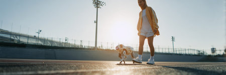 A person enjoys a sunny day walking a dog at a sports field, creating a lively atmosphere with warm light.の素材