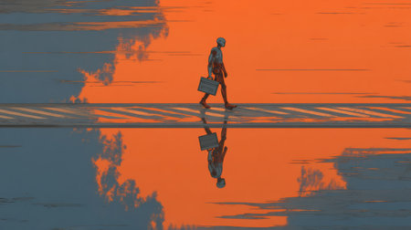 A figure walks across a reflective path at sunset, surrounded by vibrant orange and blue skies.の素材