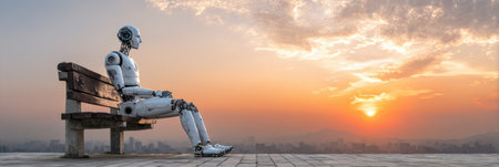 A humanoid robot on a bench watches a vibrant sunset over a bustling city skyline, creating a serene scene.の素材