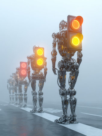Metallic robots resembling traffic lights line a deserted road, shrouded in thick fog in the early morning.の素材