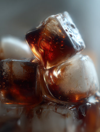 Ice cubes slowly melting in a dark, sweet liquid create a refreshing visual perfect for hot days.の素材