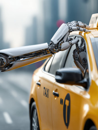 A robotic arm reaches out to hail a yellow taxi in a bustling urban environment with tall skyscrapers.の素材
