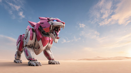A large pink robotic tiger stands majestically in the desert, roaring at sunset with dramatic clouds overhead.の素材